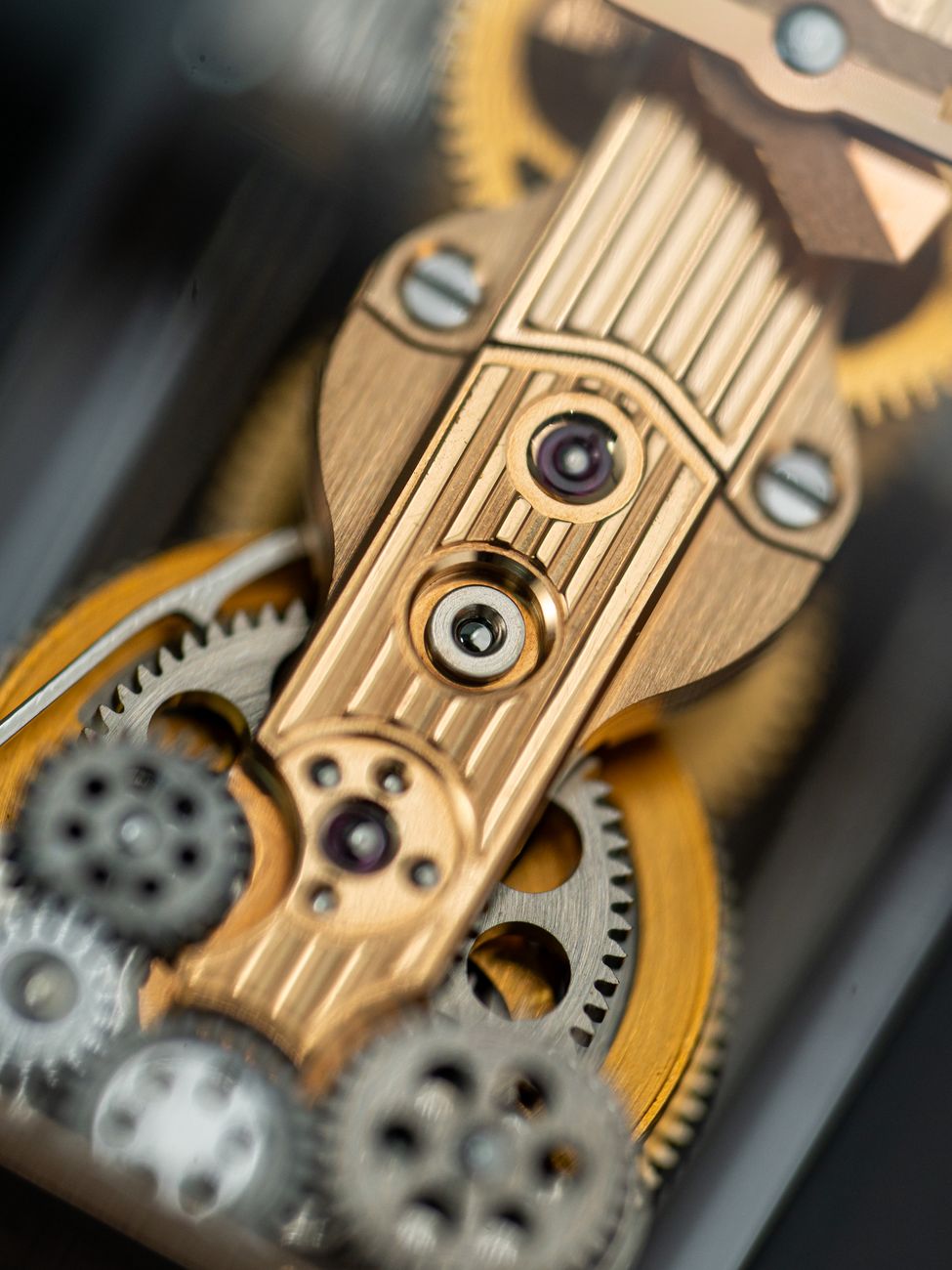 Hrbtna stran ure z odprtim pokrovom in vidnimi rubini
